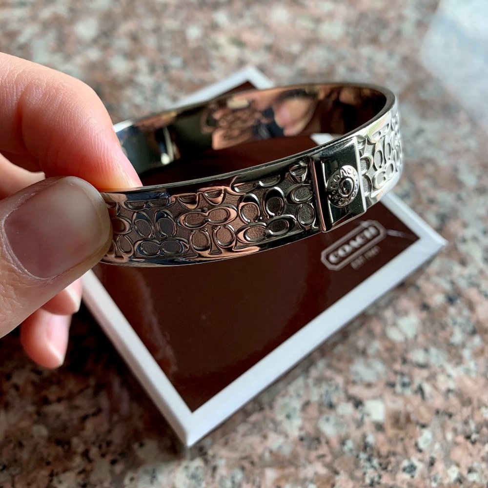 Coach Silver Signature Logo Bangle Bracelet Half Inch